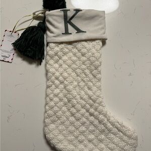 White Knit Christmas Stocking with Green Tassel